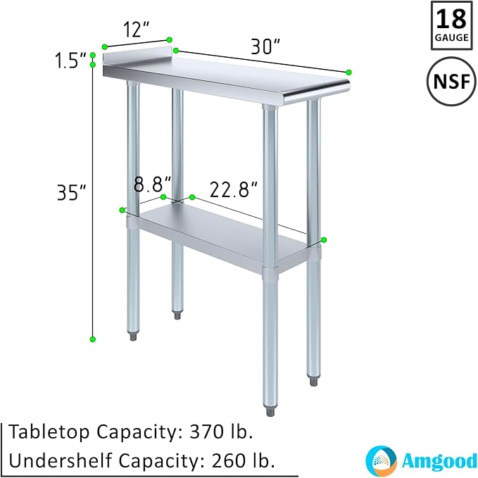 AmGood Stainless Steel Work Table with 1.5" Backsplash | Metal Kitchen Food Prep Table | NSF (12" Long x 30" Deep)