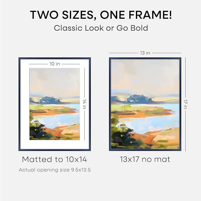 Homeforia 13x17 Picture Frame Navy Blue, High End Metal 13x17 Poster Frames with Mat 10x14 Photo, 13 x 17 Navy Blue Frame Matted to 10 by 14 Print, 17x13 Thin Frame, Tempered Glass, Wall Kit, Set of 1