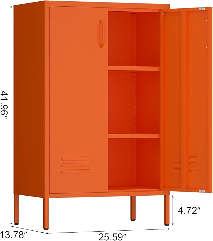 Metal Locker Cabinet,Morden Storage Cabinet with 2 Adjustable Shelves,Metal Storage Cabinets with 2 Doors for Home Office.Entryway,Orange