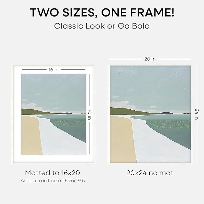 Homeforia 20x24 White Picture Frame, High End Oak 20x24 White Wood Frame with Mat 16x20 Photo, 20 x 24 Wooden Poster Frames Matted to 16 by 20, 24x20 Hanging Frames, Tempered Glass, Wall Kit, Set of 3