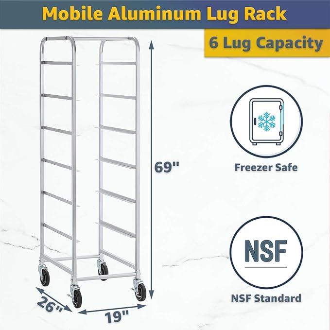19"x26"x69" Mobile Aluminum Lug Rack with 6 Grey Meat Lugs/Tote Boxes - NSF Heavy-Duty Commercial Portable Storage Cart with 5" Casters, 400 lb., Food Prep and Dishroom Durable Utility Rack