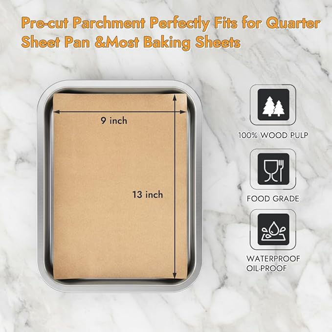 BYKITCHEN 200PCS 9 x 13 Inch Parchment Paper Sheets, Non-Stick Precut Unbleached Parchment Paper Liners for Baking, Perfect for Quarter Sheet Pan, Oven, Air Fryer, Grilling, Cooking Bread Cake Cookie