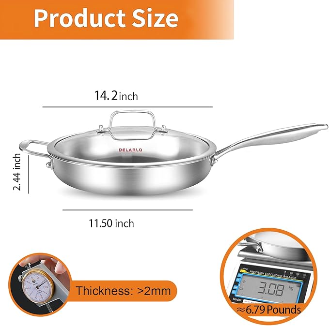 DELARLO Stainless Steel Pan 14-Inch, Large Frying Pan with Lid, Heavy Duty, Compatible with Induction, Gas and Electric up to 650℉, Fast & Even Heating, Durable, Dishwasher, Oven Safe Skillet