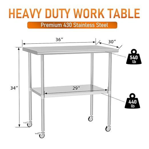 Stainless Steel Table with Wheels 30" x 36" Utility Worktable with Adjustable Undershelf for Commercial Kitchen, Garage, Restaurant