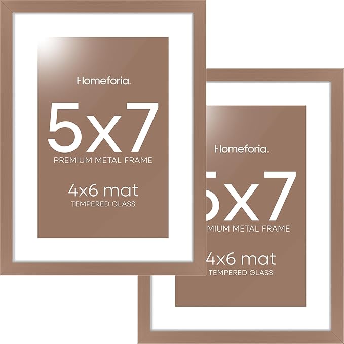 Homeforia 5x7 Picture Frame Mocha, High End Metal 5 x 7 Mocha Frames with Mat 4 x 6 for Art, 5x7 Desk Frame Matted to 4x6 inch Photo, 5 by 7 Wall or Tabletop Frames, Tempered Glass, Wall Kit, Set of 2