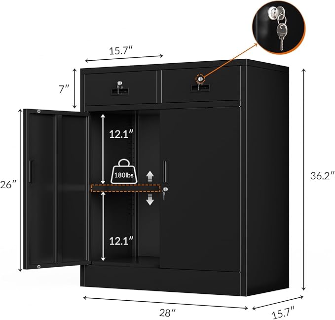 CJF Metal Storage Cabinet, Locking Cabinet with Adjustable Shelf and 2 Drawers, Metal Cabinets for Office, Home, Garage 36" H x 32" W x 16" D (Black)
