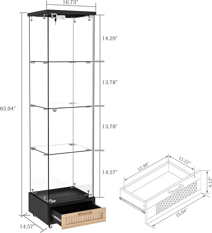 Yoluckea 4 Tiers Glass Display Cabinet with LED Lighting and Drawer, 1 Door Floor Standing Curio Cabinet with Wheel for Home, Office, Corner Display, Black Glass Bookshelf for Collections and Decor