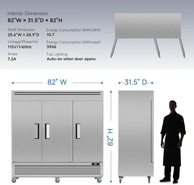 Coolake 82" Width Commercial Freezer 3 Solid Doors, 72 Cu.ft Stainless Steel Reach-in Upright Freezer with LED Lighting, Fan Cooling Freezer for Restaurant Bar Shop Hotel Kitchen Prep Area