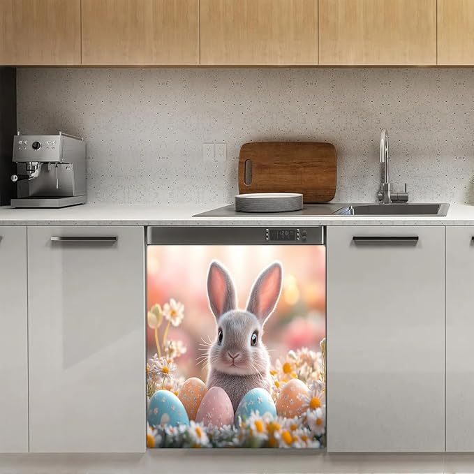 Dishwasher Magnet Cover Easter Cute Bunny Eggs Flower Refrigerator Covers Magnetic Sheet Stickers Farmhouse Kitchen Decorative Home Cabinet Decals Appliances Stickers, 23x26 inch