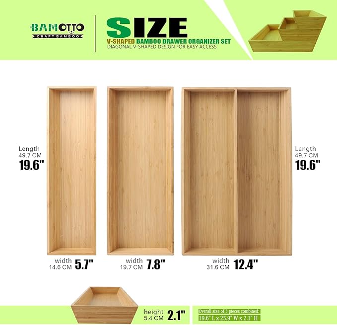 V-Shaped 3-Pack 19.6" Long Bamboo Drawer Organizer Box - Easy Reach Cutlery Tray for Flatware Silverware Utensil, Kitchen & Home Use (19.6"x5.7"/19.6"x7.8"/19.6"x12.4")