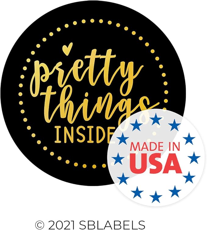 Black and Gold Foil Pretty Things Inside Stickers / 500 Sticker Roll / 1.5" Round Label/Small Business Online Retailer Labels