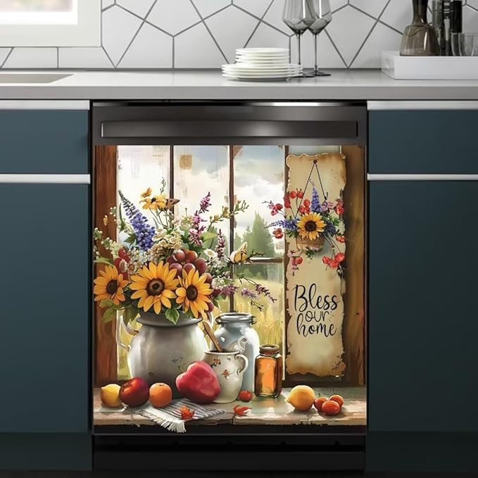 Country Rustic Window Sunflower Dishwasher Magnet Cover,23" x 26" Dishwasher Cover,Bless Our Home Magnetic Decal Vinyl Sticker Kitchen Decor Refrigerator Magnets Self Adhesive Wrap