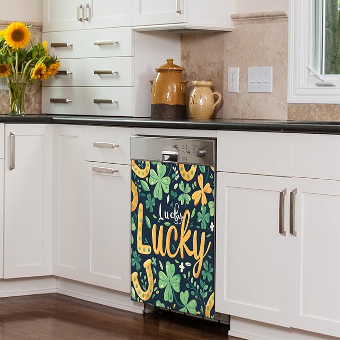 Lucky Straw Green Flower Letter Dishwasher Magnet Cover, Reusable Refrigerator Panel Stickers Microwave Front Door Covers Magnets for Kitchen Home Appliances Holiday Party Decorations 23 X 26 in
