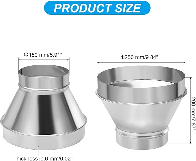 PATIKIL 10 Inch to 6 Inch Round Duct Reducer Increaser Connector, Galvanized Steel Air Duct Adapter Pipe Fitting for Bathroom Kitchen Inline Ventilation Systems, Silver Tone