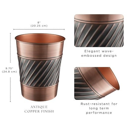 Monarch Abode Metal Bathroom Trash Can – Waste Basket for Bedroom, Office Desk, & Dorm, Handcrafted Wave Embossed, Durable Decorative Antique Copper Small Trash Can Bathroom Garbage Bin Wastebasket
