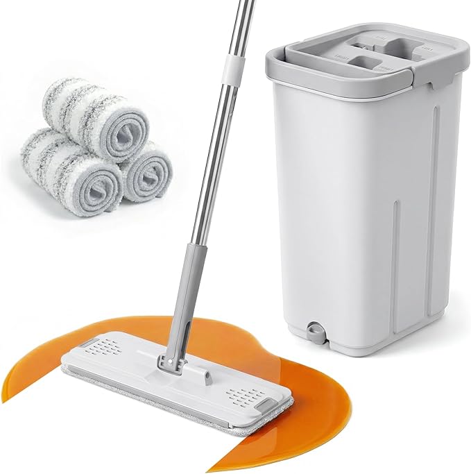 Mop and Bucket Set with Wringer, Flat Mops for Floor Cleaning, 4 Washable Microfiber Pads, Quick Cleaning Mop Safe on Wood Floors, Vinyl, Tile, Baseboards and Walls