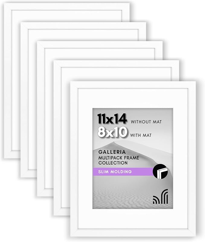 Americanflat 11x14 Picture Frame with Polished Plexiglass - Set of 5 - Use as 8x10 Frame with Mat or Display 11x14 Photo Without Mat - Galleria Collection - Picture Frames for Wall Display - White