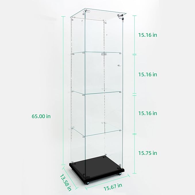 Yoluckea 4 Tiers Glass Display Cabinet with Bluetooth LED Light Strip, 1 Door Floor Standing Curio Cabinet with Universal Wheel for Home Office Display, Black Glass Bookshelf for Collections,Clear Top