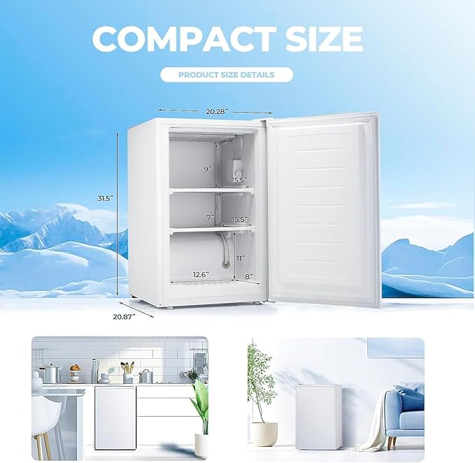 3.0 Cu.ft Small Freezer, Mini Upright Freezer with 7 Adjustable Thermostat, Removable Shelves, Reversible Single Door, for Bedroom/Home/Dorms/Apartment (White)