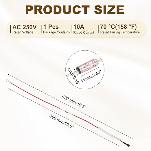 MECCANIXITY Universal Rice Cooker Temperature Fuse, 70°C 10A 250V Metal Thermal Fuse with Terminal and Ring Terminal Fiberglass Sleeving for Electric Pressure Cooker Repair Part