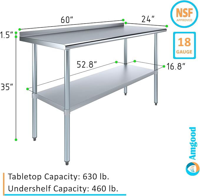 AmGood 60" Long x 24" Deep Stainless Steel Work Table with 1.5" Backsplash | Metal Kitchen Food Prep Table | NSF