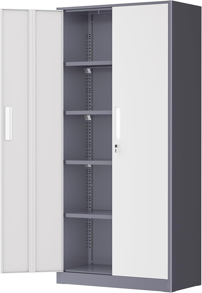 Greenvelly Metal Garage Storage Cabinet, Tall Steel Storage Cabinets with 2 Doors and 4 Adjustable Shelves, Metal Tool Cabinets, Locking File Cabinet for Home Office, Garage, School (Gray White)