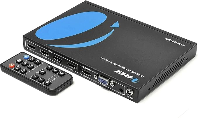 OREI Quad Multi HDMI Viewer 4 in 1 Out HDMI Switcher 4 Ports Seamless Switcher and IR Remote Support 4K @ 30Hz 1080P for PS4/PC/DVD/Security Camera, VGA Output - HDS-401MV