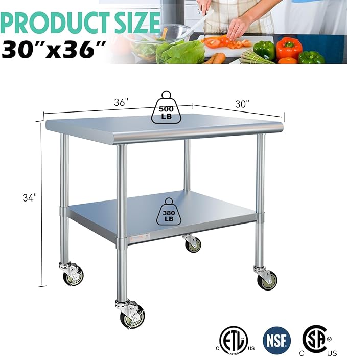 STABLEINK NSF Stainless Steel Prep Table with Wheels 30 x 36 Inches 3ft, Metal Workbench with Adjustable Lower Shelf, for Commercial Kitchen, Restaurant, Hotel, Laundry and Garage