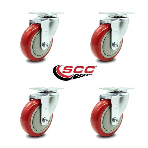 Service Caster Brand Replacement Set for Uline Casters - Swivel Top Plate Casters with 4 Inch Red Polyurethane Wheels - Includes 4 Swivel Casters - Fits Vinyl Basket Truck 24 Bushel
