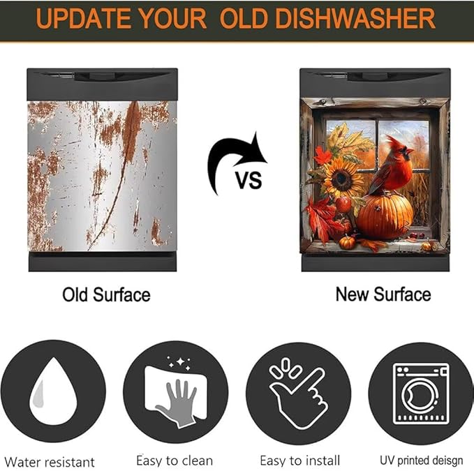 Dishwasher Magnetic Cover, Cardinal Bird Dishwasher Magnet Kitchen Decor, Pumpkin Dishwasher Cover Magnetic Refrigerator Sticker Holiday Decal, 26"x26"