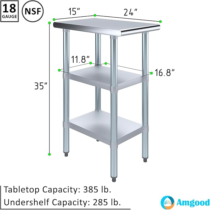 AmGood Stainless Steel Work Table with 2 Shelves | NSF | Metal Utility Table (15" Long x 24" Deep)