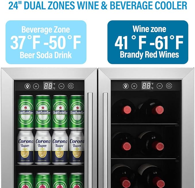 24 Inch Wine and Beverage Refrigerator, Dual Zone Wine Cooler with Advanced Cooling, 176 Cans and 42 Bottles Capacity, Built-in or Freestanding Beverage Fridge for Home, Bar, Kitchen
