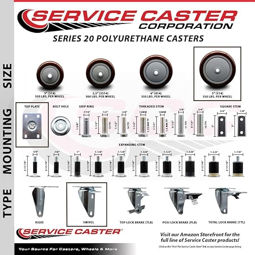 Service Caster Brand Replacement Caster for Uline Caster H-7449S - Stainless Steel Swivel Top Plate Caster with 5 Inch Maroon Polyurethane Wheel - Fits Carts and Platform Trucks H-6348