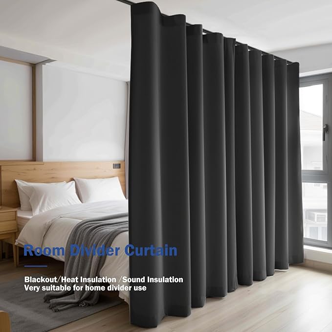 Room Divider Curtains, Blackout Ceiling Track Curtains with Hooks Wall Dividers for Bedroom Living Room Separation Office Privacy Partition, Noise Reduction, W100 × L84 Inch,1 Panel, Black