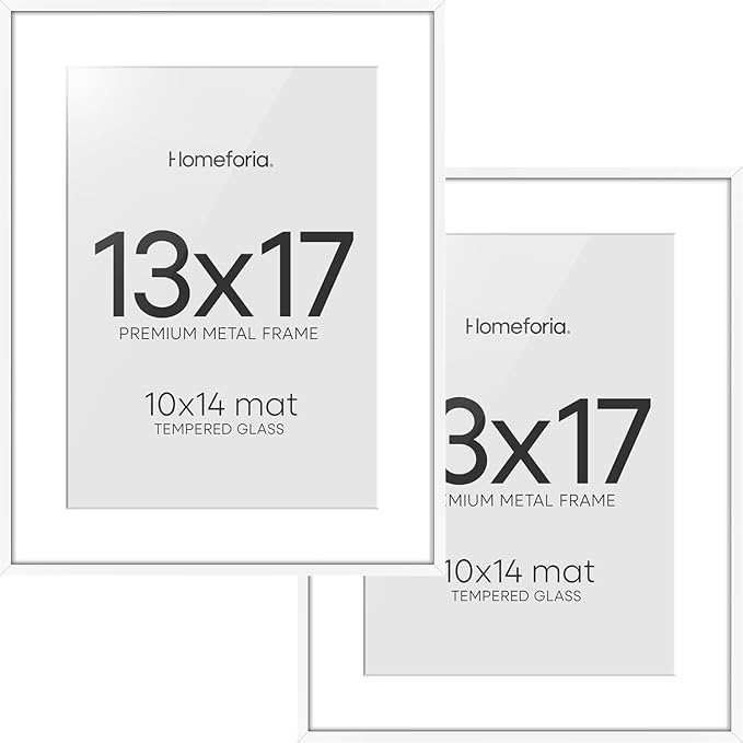 Homeforia 13x17 Picture Frame White, High End Metal 13x17 Poster Frames with Mat 10x14 Photo, 13 x 17 White Frame Matted to 10 by 14 Print, 17by13 Thin Hanging Frames, Tempered Glass, Wall Kit, Set of 2