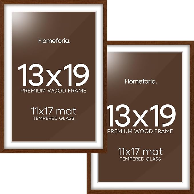 Homeforia 13x19 Picture Frame Brown, High End Dark Oak 13x19 Wooden Frames with Mat 11x17, 13 x 19 Walnut Wood Poster Frame Matted to 11 by 17, 19x13 Hanging Frames, Tempered Glass, Wall Kit, Set of 2