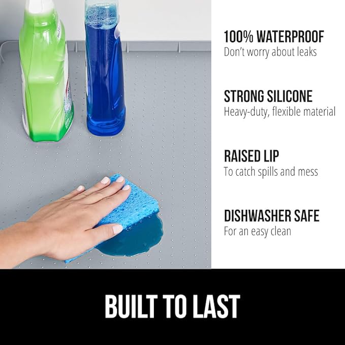 GORILLA GRIP Waterproof Silicone Under Sink Mat with Raised Lip for Kitchen and Bathroom, Cabinet Shelf Liner Stay in Place Mats Dishwasher Safe Drawer Liner, Organizer Tray, 15 x 22 in, Light Grey