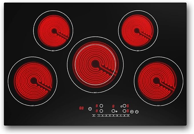 VBGK Electric cooktop 30 inch, 5 burner Electric Stove Built-in and Countertop Stove Top, LED Touch Screen,9 Heating Level, Timer & Kid Safety Lock, 240V 30 inch cooktop