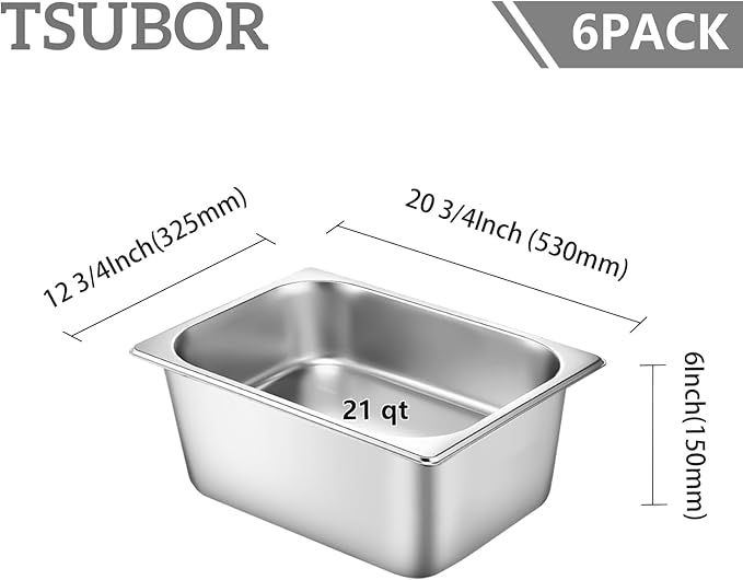 6 Set Stainless Steel Hotel Pans Full Size 6 Inch Deep With Lids, Anti-Jam Chafing Steam Table Pans, Catering Food Storage Metal Pan