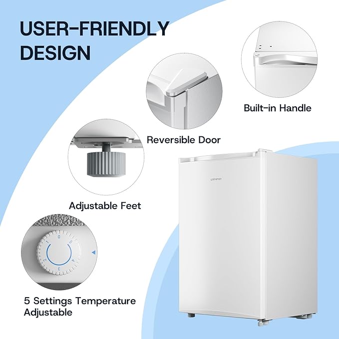 Upstreman 3.0 Cu.ft Small Mini Freezer Upright Freezer with Reversible Door, Fast Cooling, 5 Adjustable Thermostat, Stand Up Freezers with Ice Trays Defrosting Tools for Home, Dorm (White)