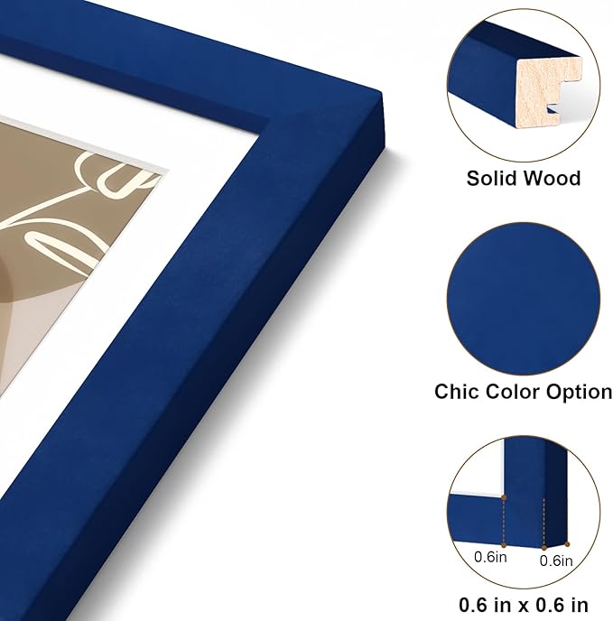 Vittanly 12x16 Picture Frame, Solid Wood Frame with Plexiglass, Includes 8.5x11 Mat, Wall Hanging for Photos, Home Decor, Royal Blue, 1 Pack