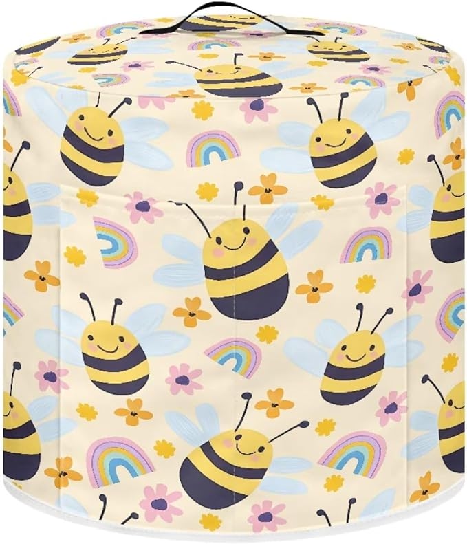 TODIYADDU Rainbow Bee Pressure Cooker Cover with Handle and Storage Pocket for Extra Accessories Portable Kitchen Small Appliance Dust Cover Protective Case