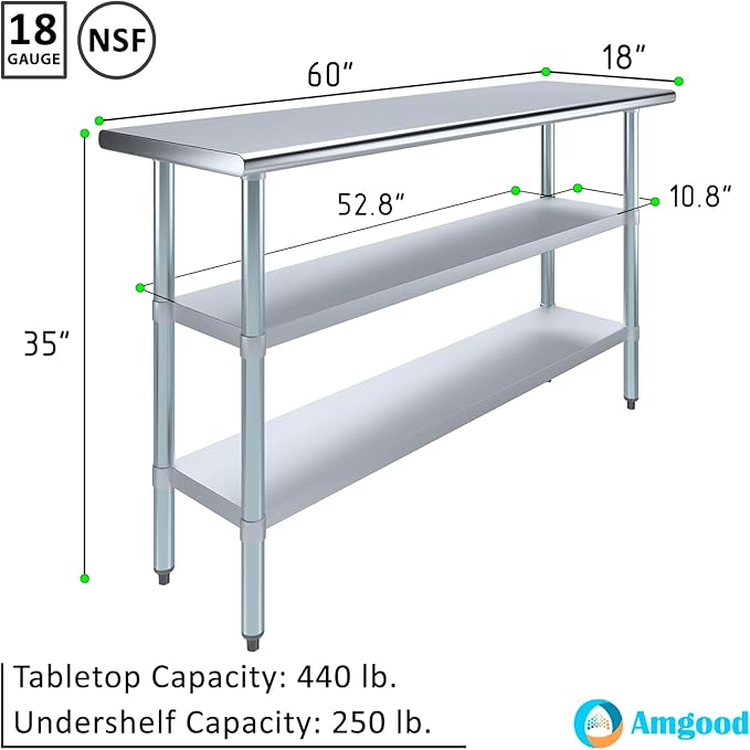 AmGood Stainless Steel Work Table with 2 Shelves | NSF | Metal Utility Table (60" Long x 18" Deep)