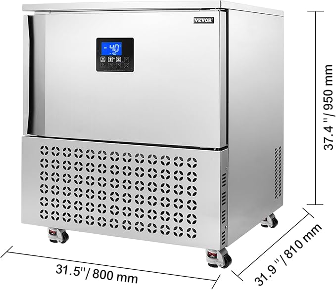 VEVOR 114 L Blast Chiller, 5 Trays Commercial Flash Freezers, <-31~68°F> 4 Modes Chest Shock Frozen, 304 Stainless Steel Flash Freezer, 360° Defrost Blast Chiller with Caster for Seafood, Ice Cream