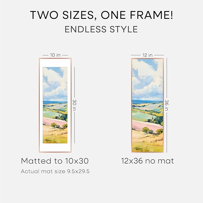 Homeforia 12x36 Rose Gold Picture Frame, High End Metal 12by36 Poster Frames with Mat 10x30 Photo, 12 x 36 Rose Gold Frames Matted to 10 x 30, 36x12 Panoramic Frame, Tempered Glass, Wall Kit, Set of 1