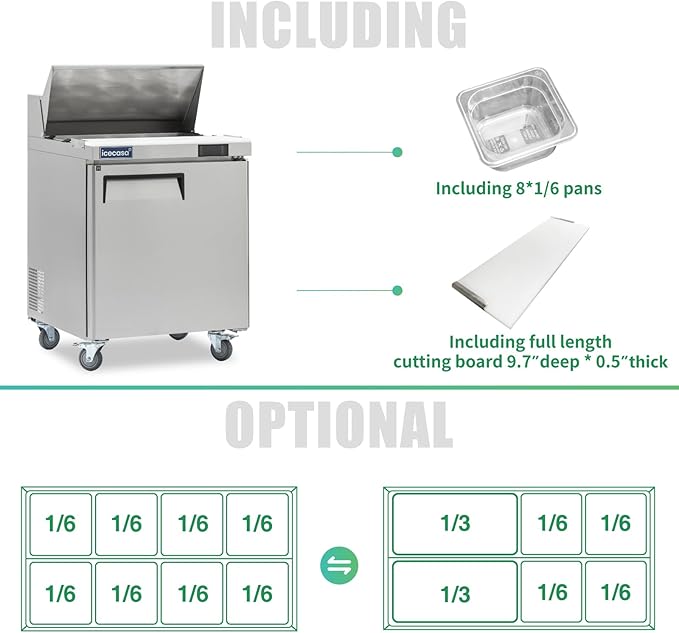 ICECASA 27" W Commercial Refrigerator Sandwich&Salad Prep Table single Door Stainless Steel Counter Fan Cooling Refrigerator with 8 pans-27 Inches for Restaurant, Bar, Shop, etc
