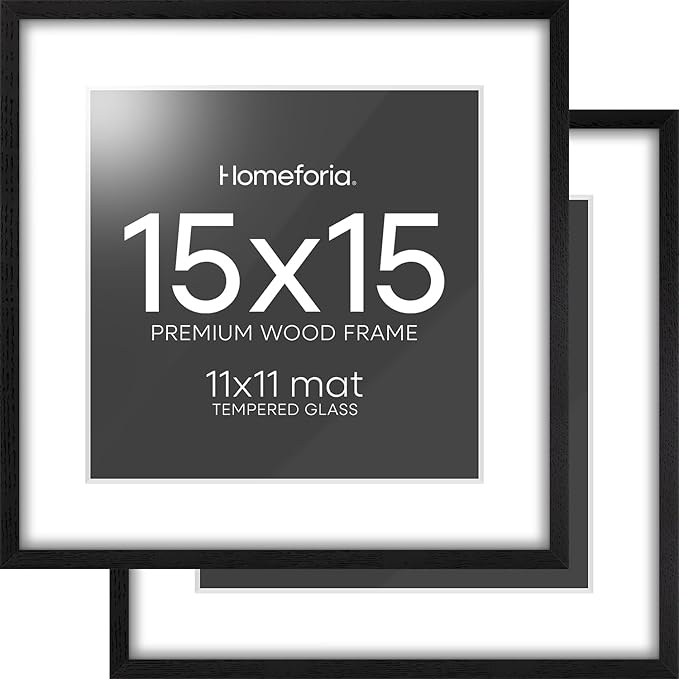 Homeforia 15x15 Black Wood Frame, High End Oak 15 x 15 Square Picture Frames with Mat 11 by 11 inches Photo, 15by15 Black Wooden Poster Frames Matted to 11x11 Print, Tempered Glass, Wall Kit, Set of 2