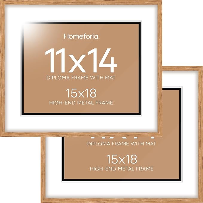 Homeforia 15x18 Diploma Wood Frame, High End Natural Oak 15 x 18 Certificate Frames with Mat for 11x14, 18x15 Document Matted Frame, Graduation Degree Wooden Frames, Tempered Glass, Wall Kit, Set of 2