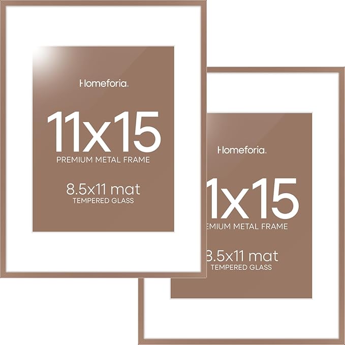 Homeforia 11x15 Picture Frame Mocha, High End Metal 11x15 Poster Frames with Mat for 8.5x11, 11 x 15 Mocha Frames Matted to 8.5 x 11 inch Photo, 11by15 Hanging Frames, Tempered Glass, Wall Kit, Set of 2