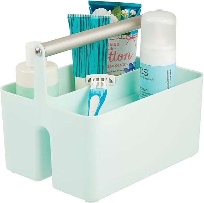 mDesign Plastic Shower Caddy Storage Organizer Utility Tote, Divided Basket Bin - Metal Handle for Bathroom, Dorm, Kitchen, Holds Soap, Shampoo, Conditioner - Aura Collection - Mint Green/Satin